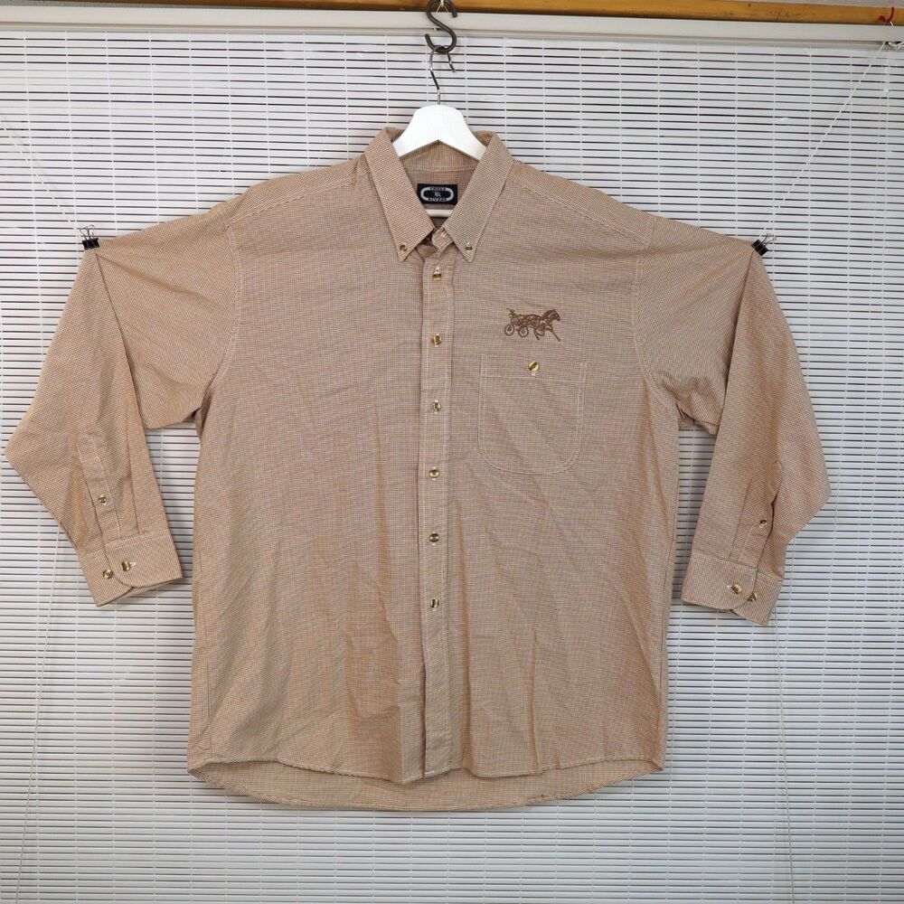 Vtg Three Rivers Brown Plaid XL Button Down Shirt Cowboy Horse Harness Racing